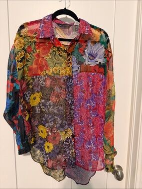 Vintage Take Away Floral Sheer Button-Down Blouse in Floral Multicolor
